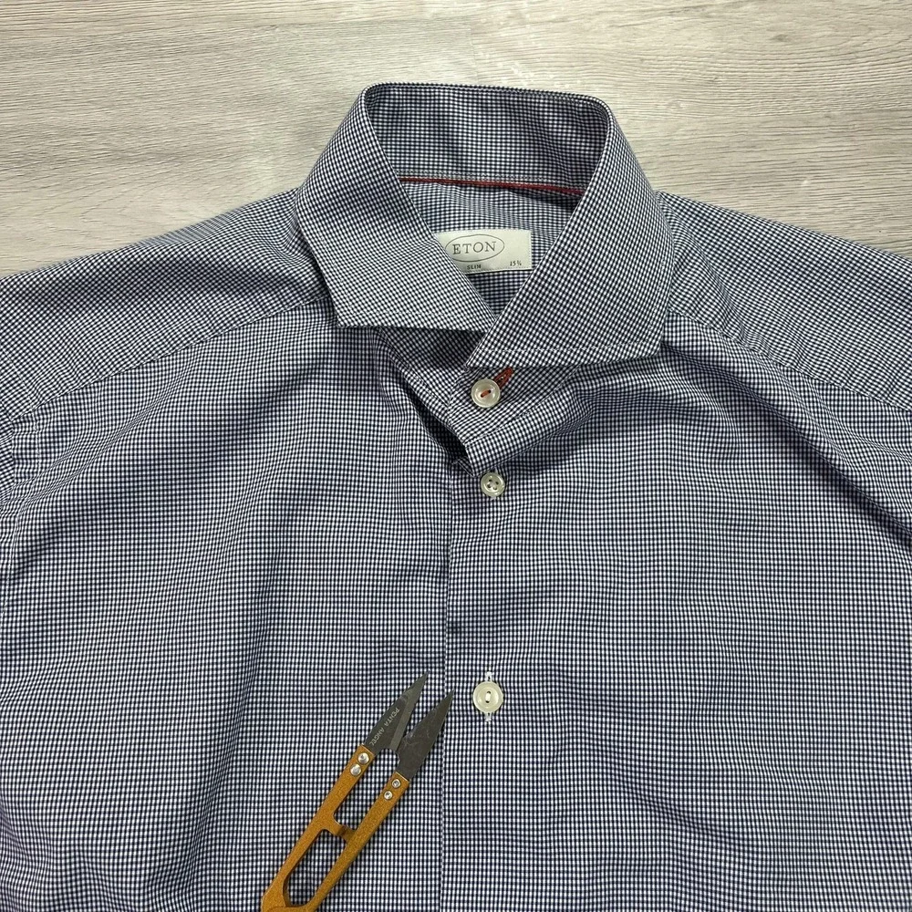 Eton Shirt Mens‎ 16 34/35 40 Blue Gingham Slim Fit Cotton Dress Long Sleeve